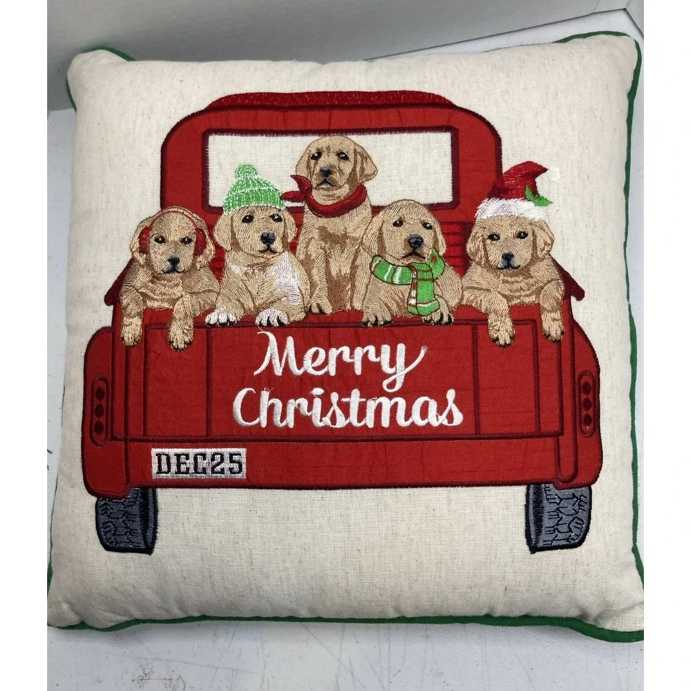 Vtg Pier 1 Merry Christmas Embroidered‎ Pillow Dogs In Red Truck 16x16